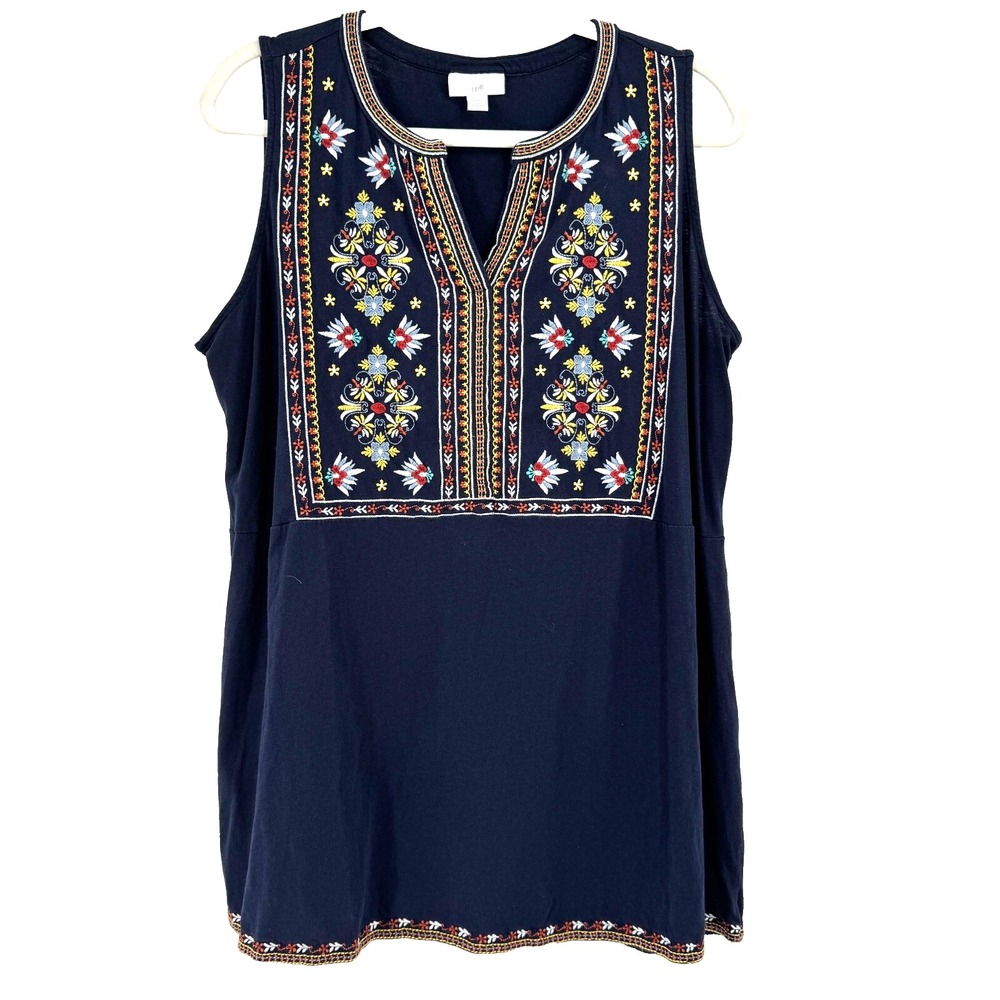 J. Jill Navy Sleeveless Tunic with Multicolor Embroidery
